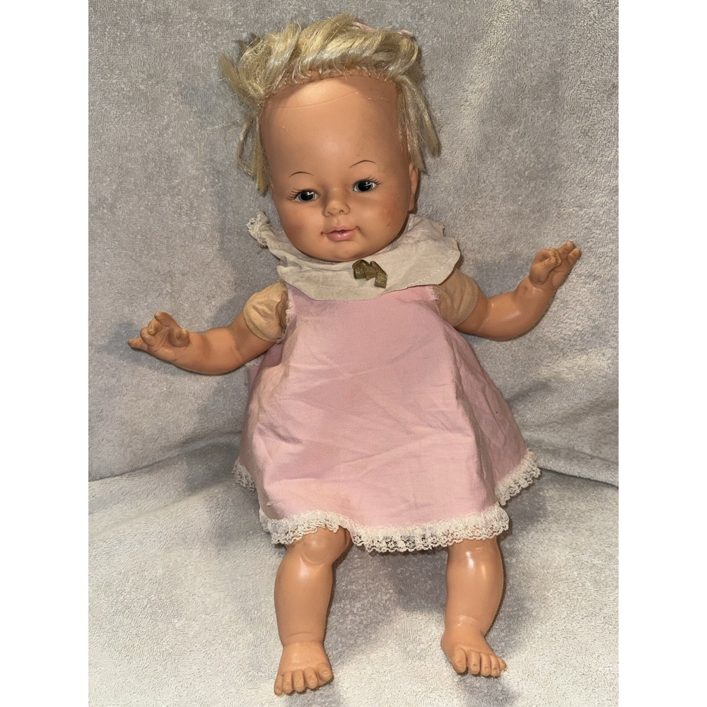 Vintage 1970 Horsman Baby Doll 18 Soft Body Blonde Blue Eyes 3169 328 Pink Dress